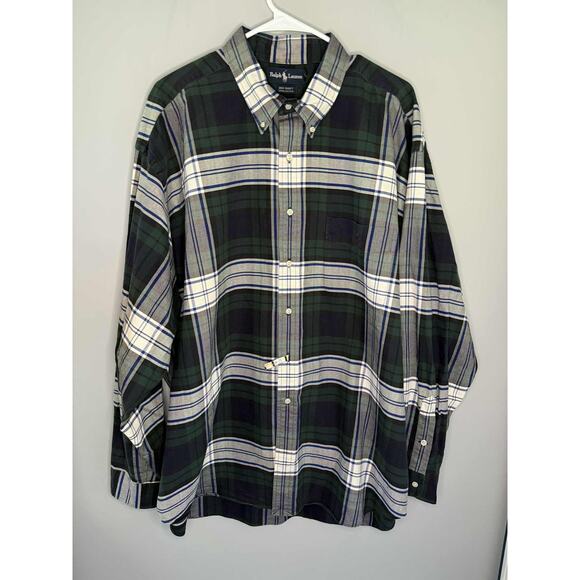 Ralph Lauren 100% Cotton Plaid Long Sleeve Button-Down Big Shirt Green Men's XXL - Picture 1 of 7